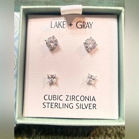 New Lake + Gray Silver Sterling Silver Cubic Zirconia Earring Set of 2 - Picture 1 of 7